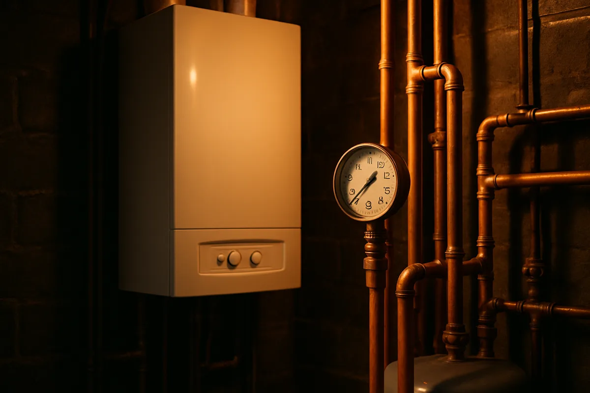 Residential boiler and hydronic heating system being serviced