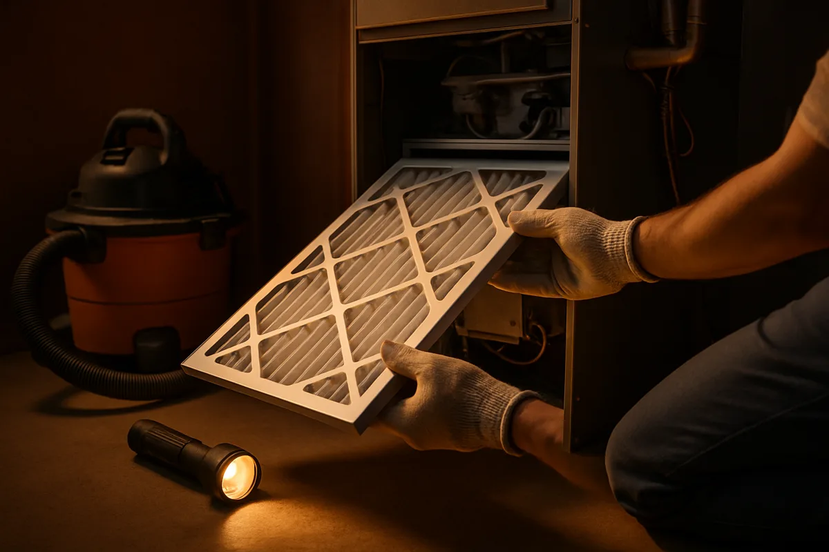 Technician performing an annual furnace tune-up and inspection