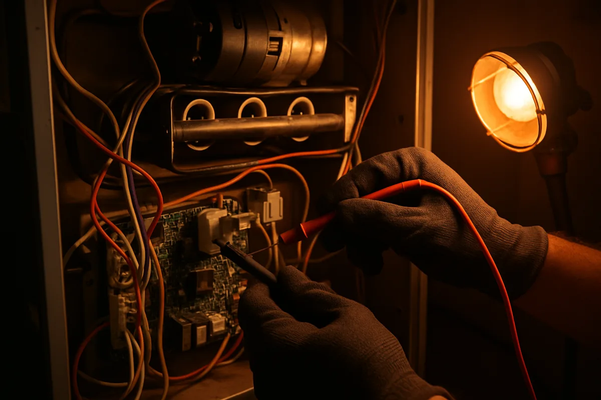 Technician diagnosing a natural gas furnace in a Niagara home